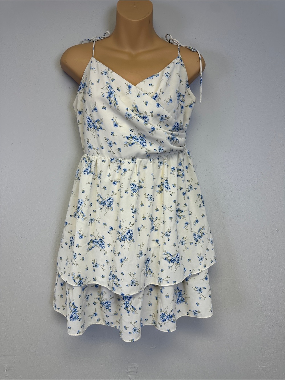 Cider Blue and White Floral Tie-Shoulder Tiered Mini Sundress